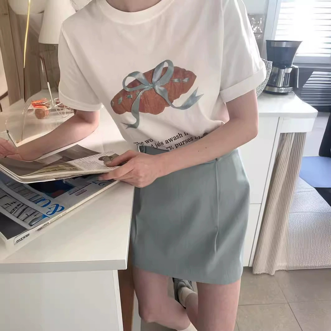 Корейская белая футболка с короткими рукавами с принтом бант женская летняя хлопковая Харадзюку ленивый дизайн свободный топ