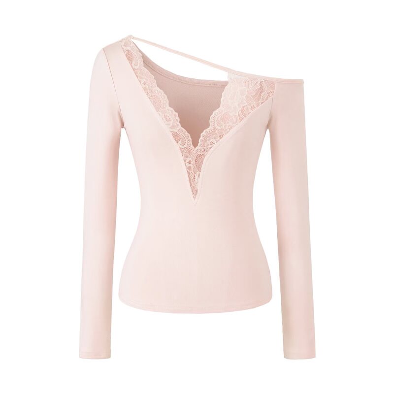 Purely Sexy Style V-Neck Lace One-Shoulder Long-Sleeve Sexy Top, New Slim-Fit Long-Sleeve Base Layer Purely Sexy Style V-Neck Lace One-Shoulder Long-Sleeve Sexy Top, New Slim-Fit Long-Sleeve Base Layer