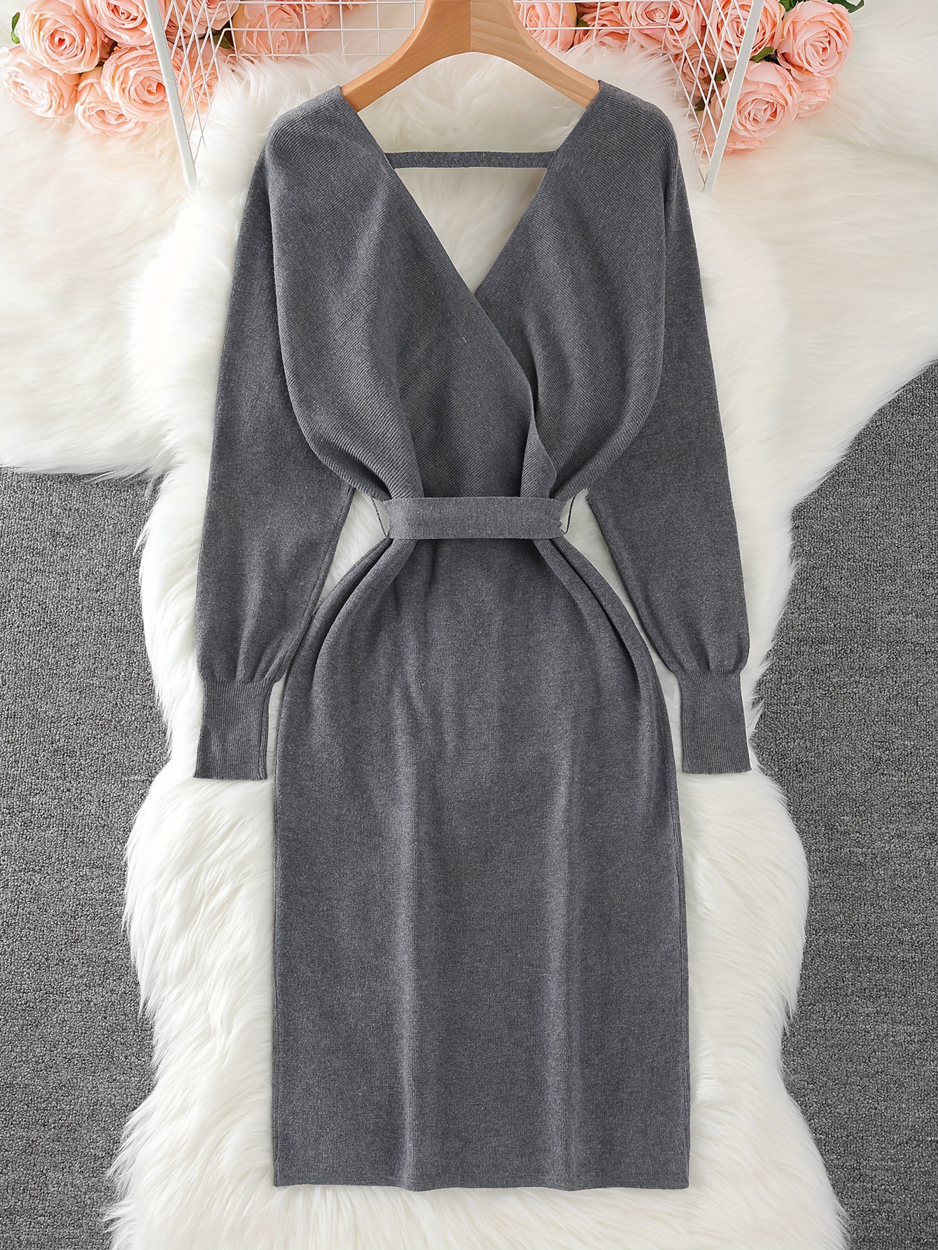 Women's Solid Color Knitted Dress With Bow Belt V Neck Long Sleeve Fashion_voghion.com