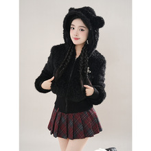 涩谷小熊 冬装新款黑色连帽小熊毛毛厚拼接外套套装美式辣妹短裙
