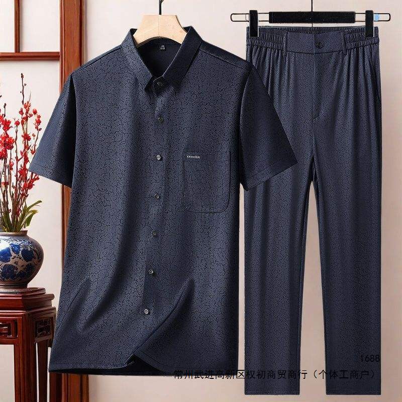 Men's new summer short-sleeved silk suit for middle-aged and elderly men, black suit, in stock.
