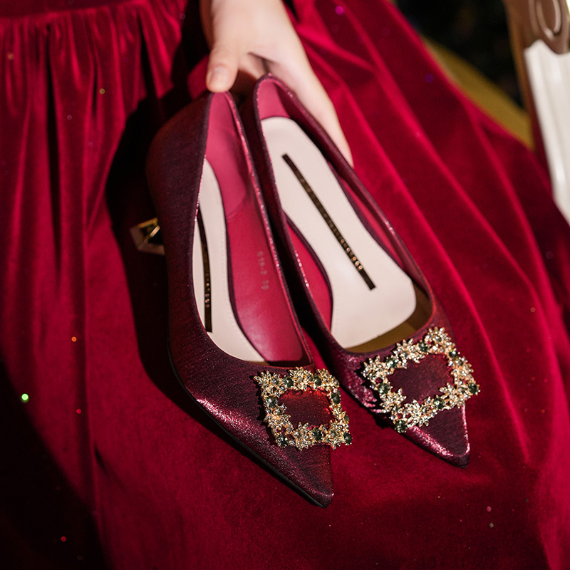 718-1-5cm Red High Heels Women's Thin Heel Wedding Shoes Wedding Shoes 2020 Spring, Summer, Autumn and Winter Internet Celebrity All-match Xiuhe Shoes