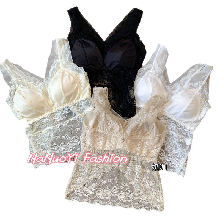 Early Spring New Lace Stitching Satin Camisole Fixed Cup Inner Base Sexy Outer Wear French Beautiful Back for Women