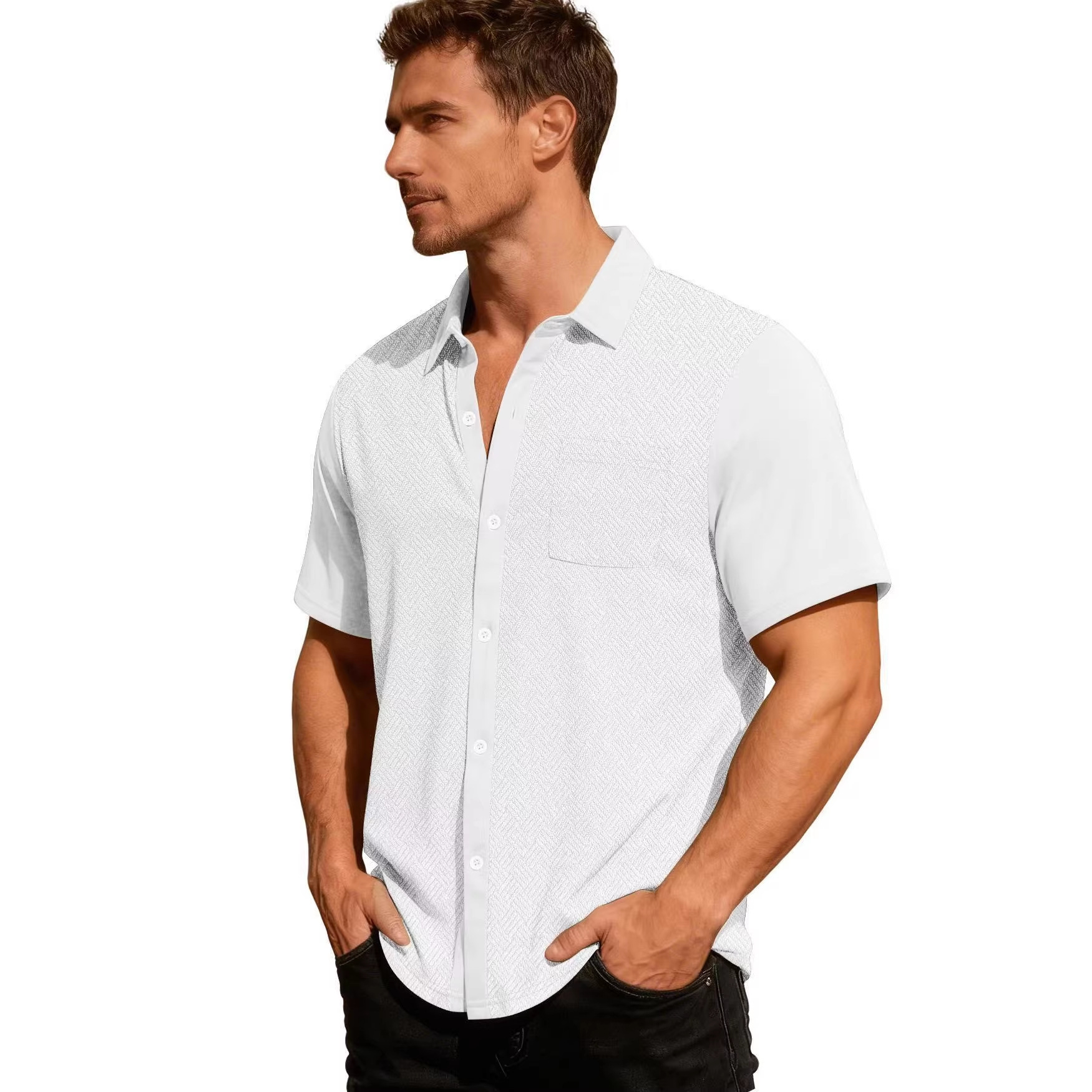 Herren-Sommerhemd mit kurzen Ärmeln, atmungsaktives Polyester, knitterarm, feuchtigkeitsableitend, bequeme Passform, lässiges Design, Knopfleiste_voghion.com