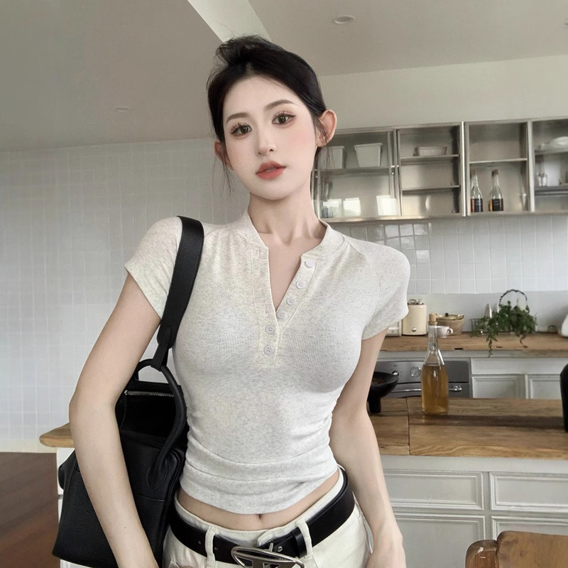 2025 Summer New American-Style Button Half-Open Collar Short-Sleeve T-Shirt Women's Slim-Fit Ruched Short Top Trendy 2025 Summer New American-Style Button Half-Open Collar Short-Sleeve T-Shirt Women's Slim-Fit Ruched Short Top Trendy