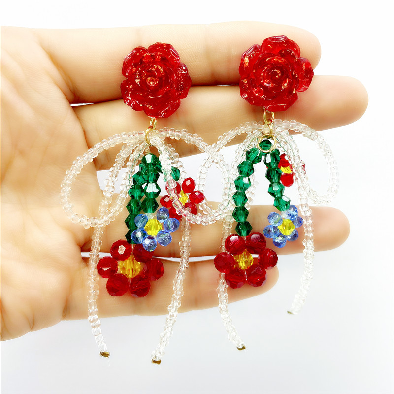 Fashion Red Flower Beaded New Crystal Bow Earrings Female display picture 2