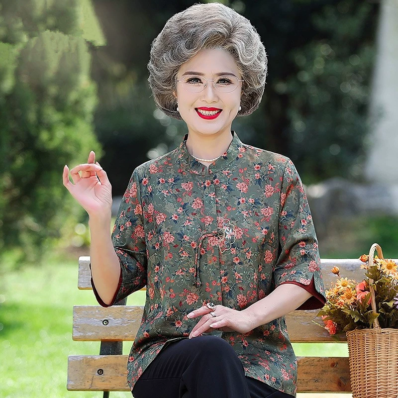 Пожилые люди весной и летом женская мама рубашка большого размера бабушка семиочечные рукава рубашка пожилая женщина летняя одежда