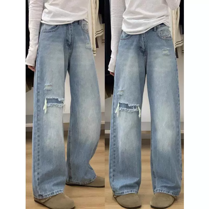 Светлые рваные широкие джинсы для женщин, весна-осень 2025, новый стиль, маленькая высокая талия, узкие универсальные свободные прямые брюки