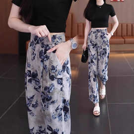 印花复古宽松显瘦洋气休闲阔腿裤女2025夏季新款百搭水墨画直筒裤