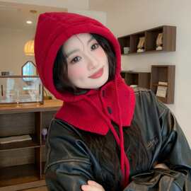 帽子围巾一体披肩帽巴拉克拉法帽子女2023冬季保暖骑行针织毛线帽