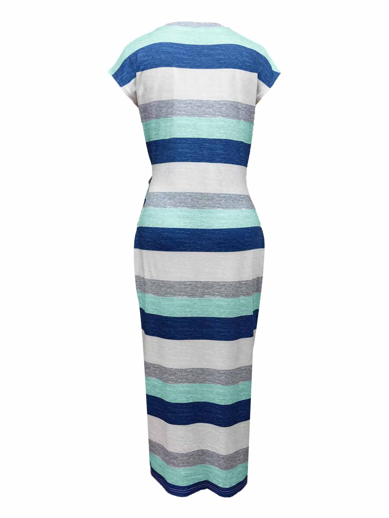 Robe longue élégante à rayures, col rond et manches courtes, nouée à la taille, pour femme ; vêtement haut de gamme pour femme_voghion.com