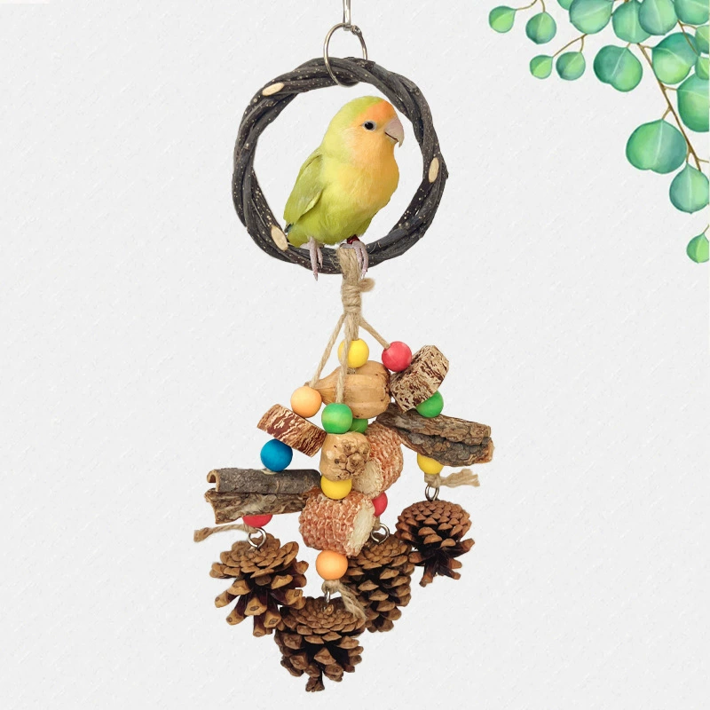 Забавная деревянная игрушка-попугай, плетеное кольцо на ветке яблока, подвесное кольцо, качели для птиц, сосновая шишка, карамбола, горный ананас, жевательный шампур