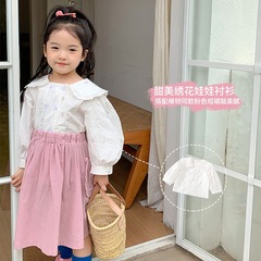 韓國童裝春秋季新款法式小清新女童花朵刺繡襯衫寶寶百搭上衣