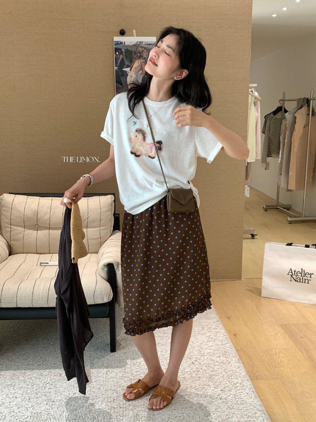Chân váy chữ A xếp ly họa tiết chấm bi cổ điển, cạp cao co giãn — Màu cà phê chi tiết 9
