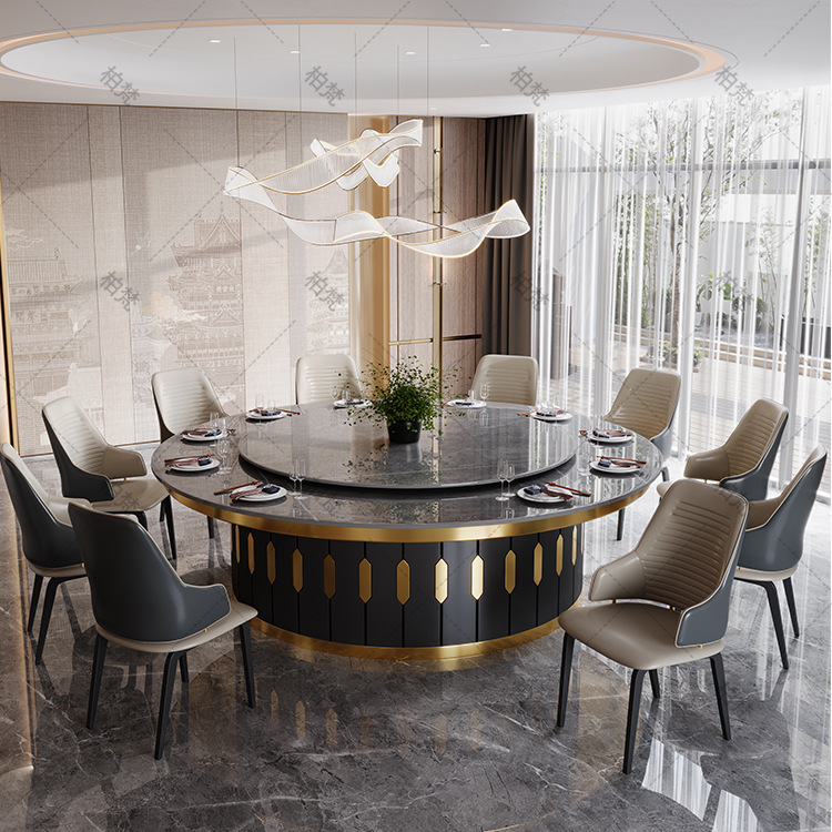 Mesa de comedor eléctrica de hotel personalizada, mesa redonda grande, mesa giratoria, 20 personas, mesa de comedor de tabla de roca, combinación de sillas