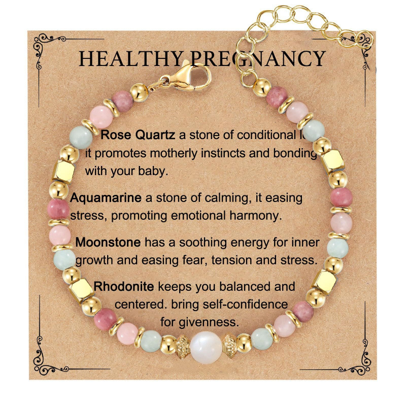 Pregnancy Bracelet for Women, Natural Stone Balance Bracelet with Gold Spacer, Rhodochrosite, Aquamarine, Moonstone
