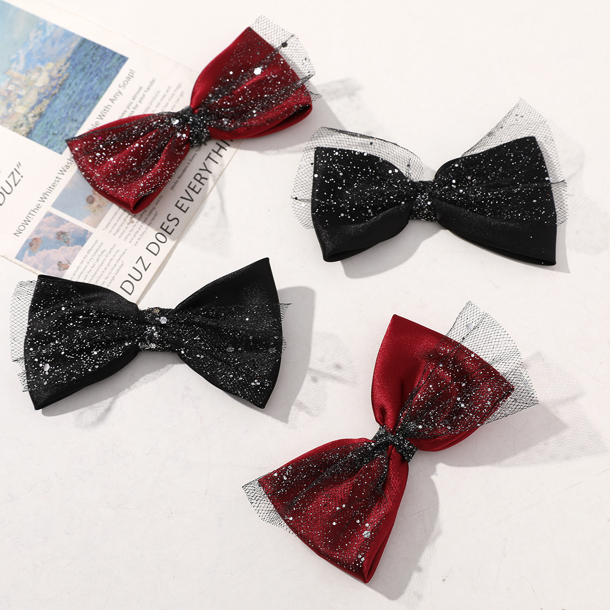 韓版復古布藝蕾絲閃粉蝴蝶結DIY手工髮飾頭飾女服裝襪子輔料配件