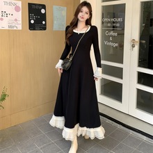 法式时尚气质收腰大码显瘦早秋新款长袖拼接蕾丝边长款连衣裙