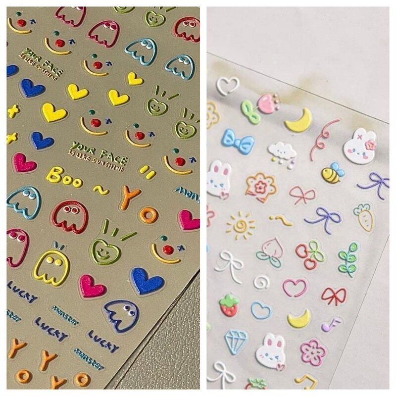 Little Red Book Line Art Bear Embossed Nail Stickers, Cute Expression Nail Stickers for Kids, Universal Decoration Stickers for Students