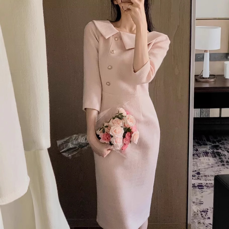 韩国春夏名媛风七分袖小香风中长款修身显瘦连衣裙长裙女装新款