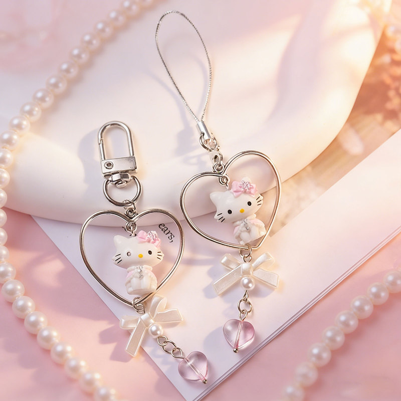Japanese and Korean Style Cute Cat Heart Beaded Phone Chain Pendant Keychain Bag Charm