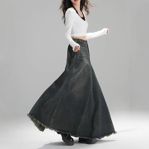 Glamorous Vintage American Style Denim Half-Body Skirt for Women - High-Waisted Slimming Medium-Length A-Line Hip-Hugging Fish-Tail Maxi Skirt