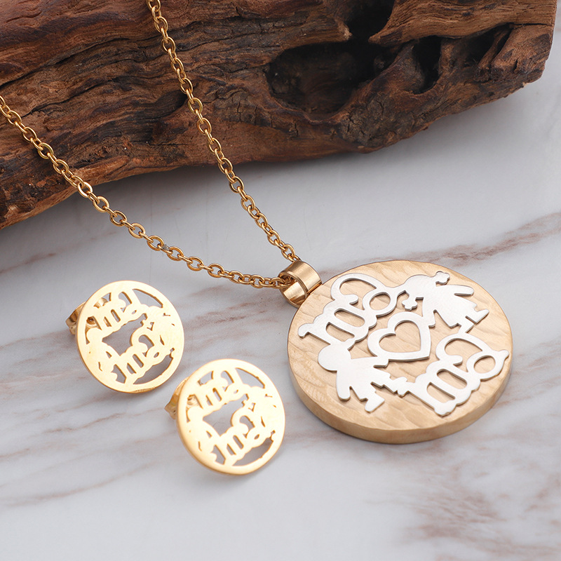 Fashion Letter Heart Shape Titanium Steel Inlay Rhinestones Earrings Necklace 1 Set