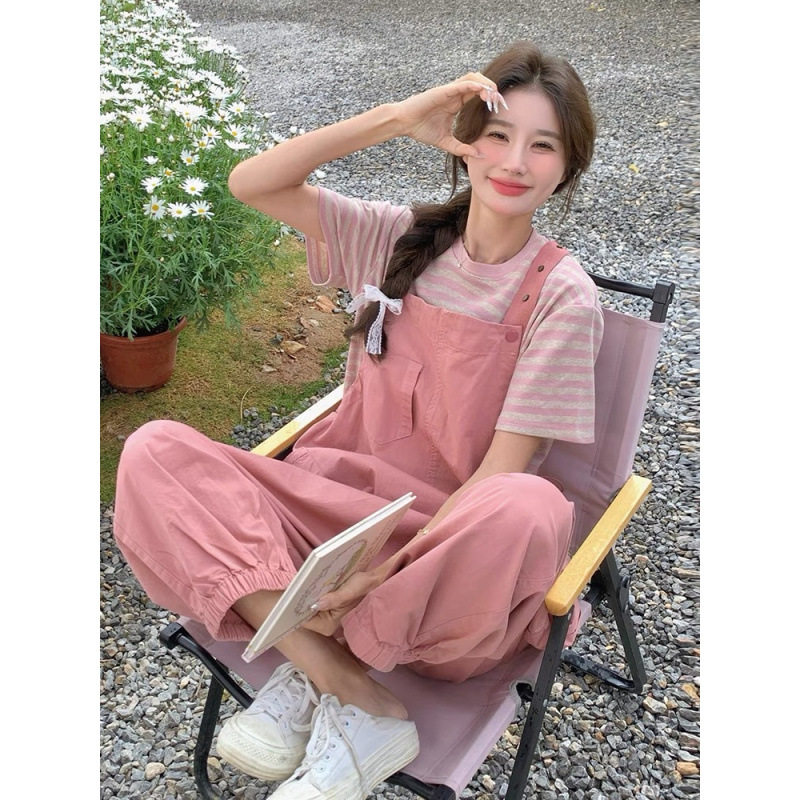 Pink Cargo Overalls for Women 2025 New Summer Thin Preppy Style Age-Reducing Petite Pants Two-Piece Set