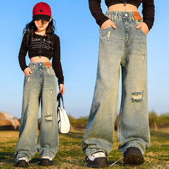 亞馬遜女童破洞貼標牛仔褲2024新款韓版中大童休閒洋氣直筒闊腿褲