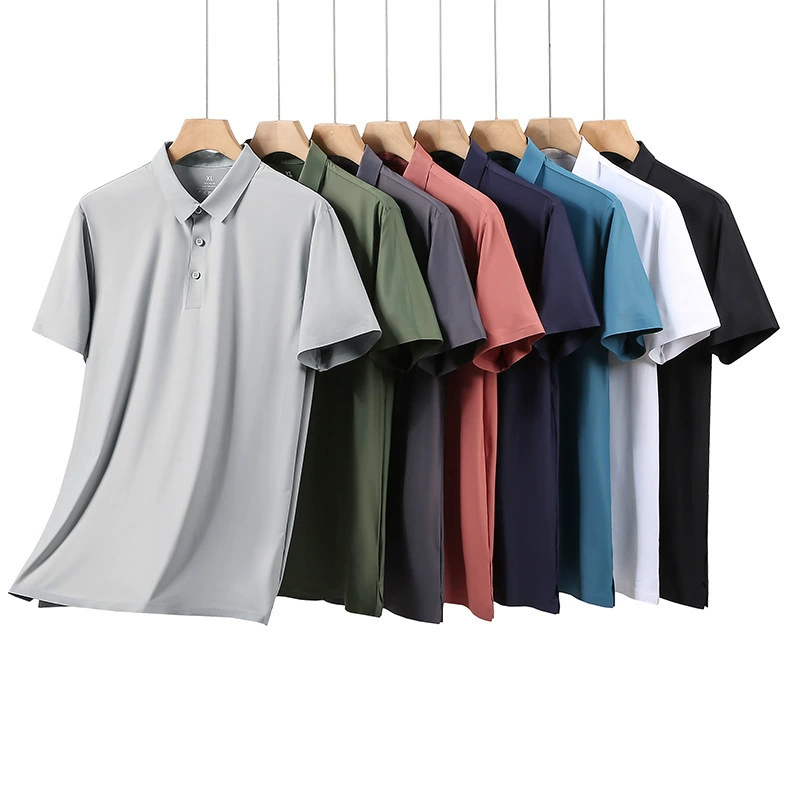Новая летняя рубашка-поло, мужская рубашка с короткими рукавами из ледяного шелка, эластичная дышащая однотонная футболка с лацканами, спортивная повседневная одежда для фитнеса