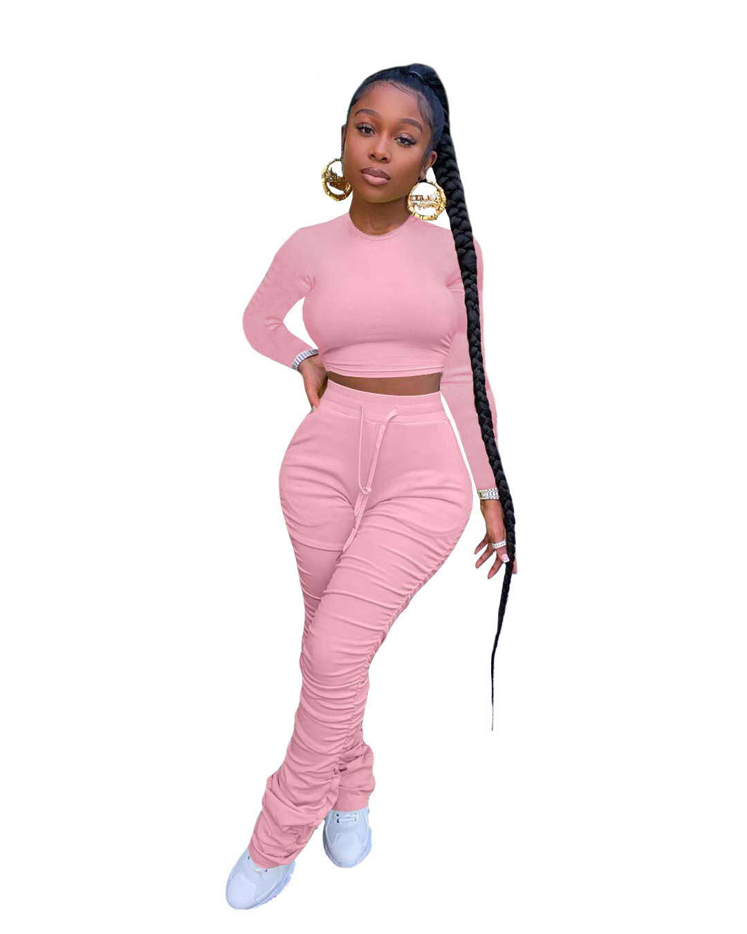 Amazon transfronterizo Comercio exterior nueva ropa de mujer europeo y americano nuevo cuello redondo manga larga Top Slim pantalones conjunto de dos piezas de color sólido image 4