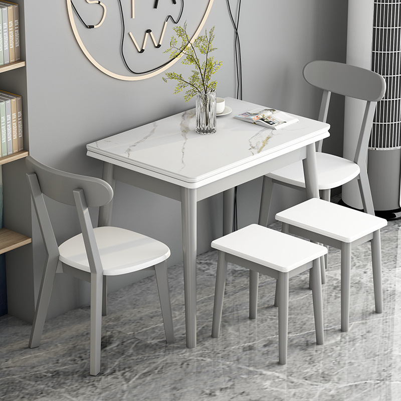 意式亮光岩板餐桌現代簡約輕奢實木家用小戶型摺疊伸縮旋轉長方形