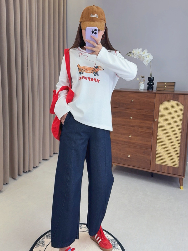 爱元2025秋季新款大码女装可爱休闲慵懒风牵绳小狗长袖T恤W-227|undefined