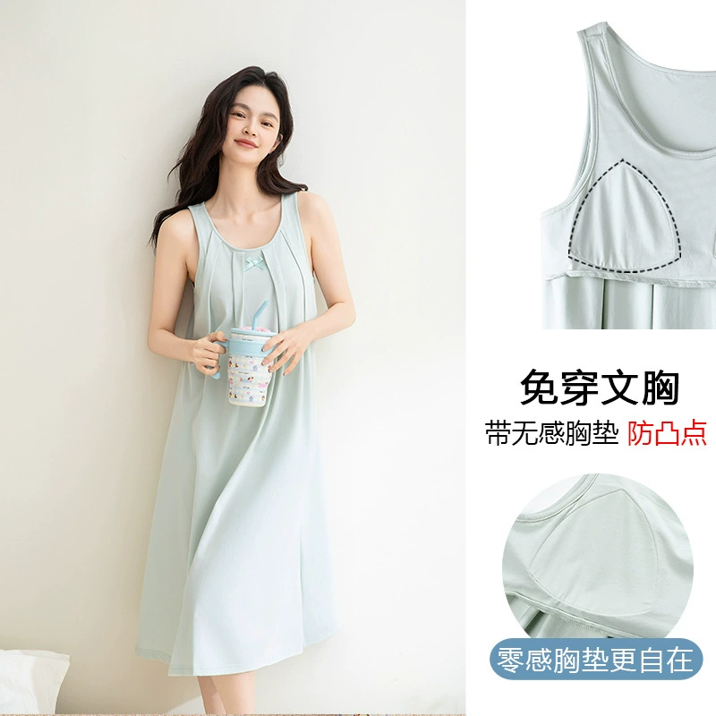 Summer cotton vest, pijama, thin long top with cups, mid-length