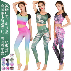 Summer outdoor navel-baring quick-drying sports yoga clothing for women, short-sleeved T-lycra printed yoga clothing suit cross-border wholesale