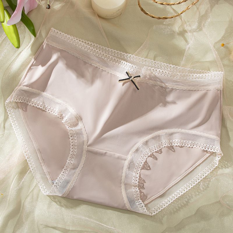 Absorción de humedad de seda de hielo interior anti-luz transpirable ropa interior de mujer exquisito encaje cintura arco estudiante calzoncillos