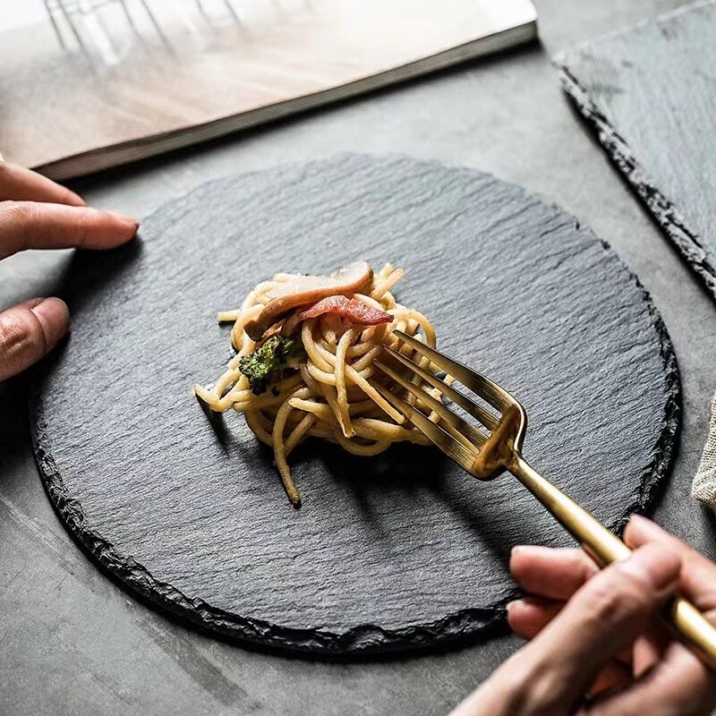 Japanese Style ins Round Black Rock Plate Sushi Plate Slate Plate Western Plate Grilled Meat Slate Plate Steak Plate