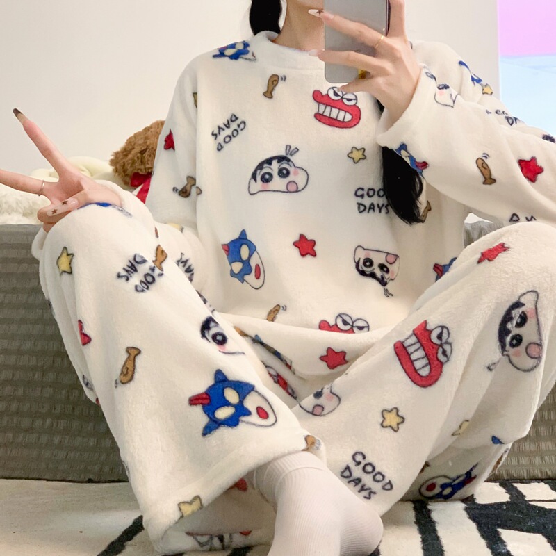 Autumn and Winter New Flannel Pajamas Women's Long-Sleeved Two-Piece Suit Cartoon Casual Ins Style Girl Home Clothes