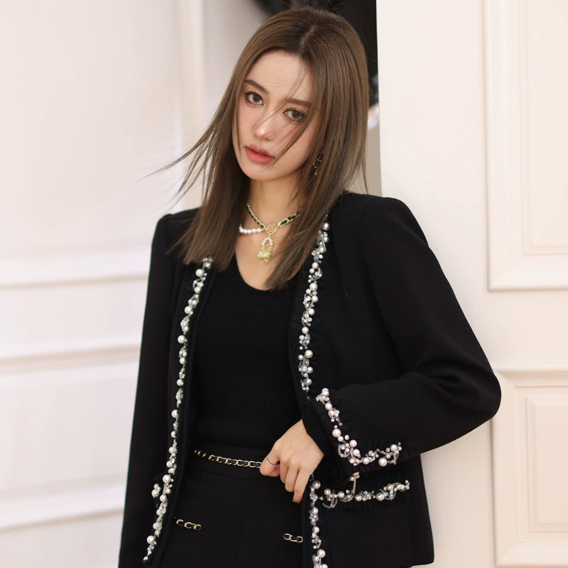 «Anfona» Барселона Маленькое собственное пальто Black Classic Beads Bringing Женский топ Craccirt