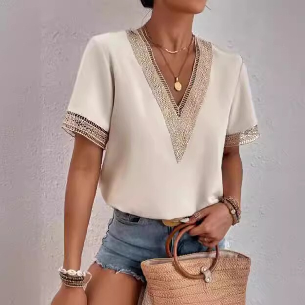 2024Wish Cross-Border Ebay Amazon Women's V-Neck Lace Loose Top Elegant Work Clothing Short-Sleeved Shirt for Women