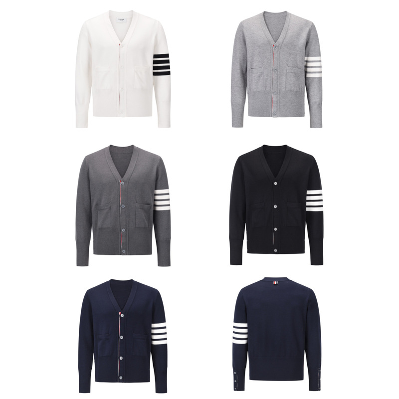 High Version Tb Knitwear Classic Stripesd Four-Bar Men's and Women's Casual High-End Versatile Wool V-Neck Open