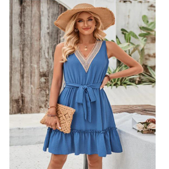 Summer New Women's Clothing 2024 Fashion Fresh Style Solid Color V-neck Sleeveless Lace-up Mini dress