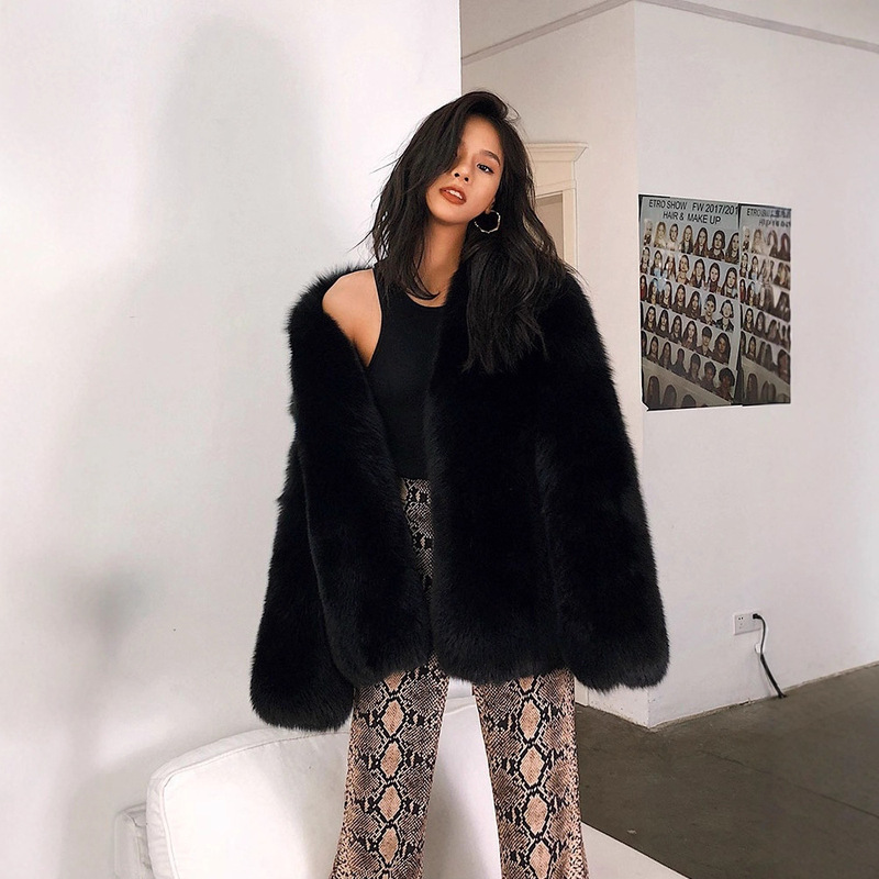 Young Style Imitation Fox Fur Outwear Women's Mid-Length 2024 Winter Fur Outwear Black Artificial Fur Trend