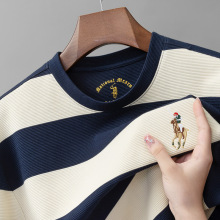 男士圆领套头色织条纹长袖保罗衫休闲小马标体恤海魂衫上衣T恤衫a