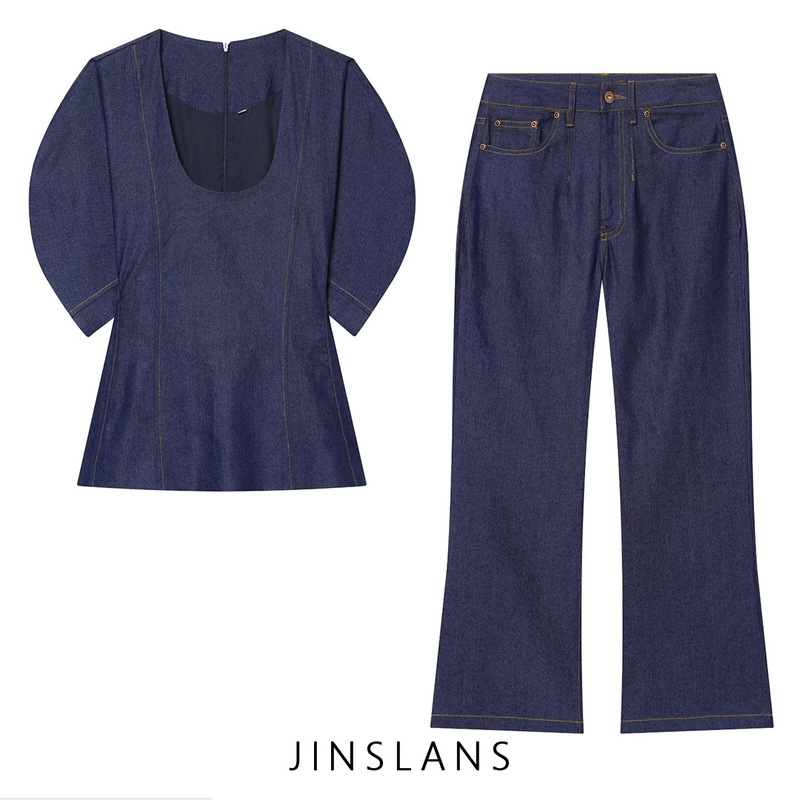 Cross-Border Foreign Trade Za European and American Style Women's Clothing Aliexpress Hot-Selling Item: Elegant Round-Neck Bubble Shirt and Jeans Set for Women