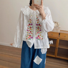 日系新款衬衫蕾丝刺绣系带双层娃娃领女宽松森系衬衣批发