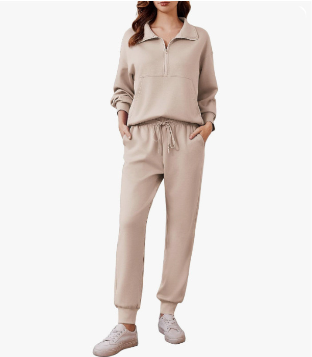 亚马逊女士两件套秋季旅行装长袖运动服慢跑套装半拉链运动服套装|undefined