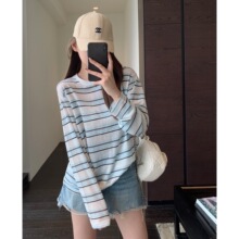 泽黛佳伊 慵懒时髦 凉感舒适宽松条纹罩衫防晒空调针织衫女春夏新