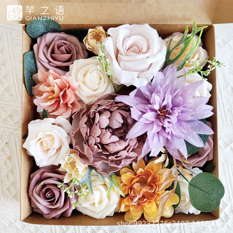 跨境出口手工制品玫瑰仿真绢花花盒婚礼庆典DIY手捧花篮礼盒插花