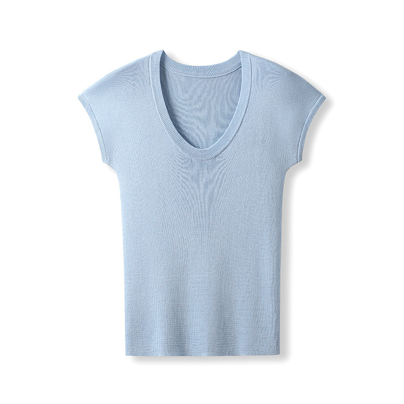 Selection of multi-color! Simple and Comfortable Tencel Wool U-Neck Knitted Short-Sleeved Women's Spring and Summer Casual All-Match Thin Top Selection of multi-color! Simple and Comfortable Tencel Wool U-Neck Knitted Short-Sleeved Women's Spring and Summer Casual All-Match Thin Top